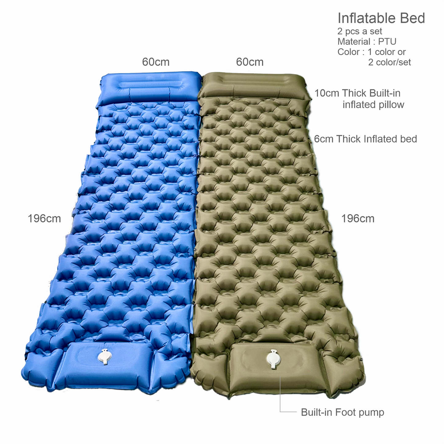 Inflatable Camping Pad w/ Built-in Foot Pump [2pcs-multipack]