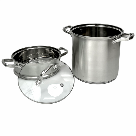 Stainless Stock Pot w/ Steamer & Glass Lid